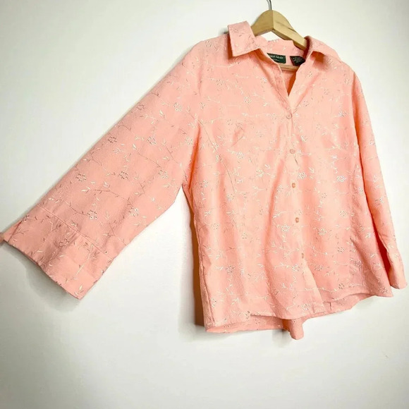 Lemon Grass Studio XL Pink Peach Embroidered Button Down Blouse Floral Boho - Picture 4 of 10
